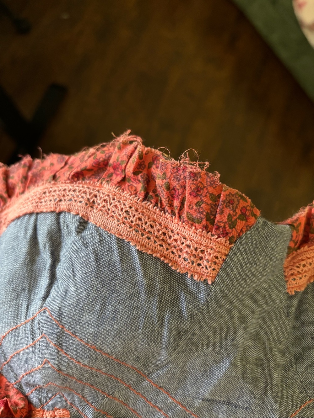 Vintage Y2K American Rag Striped Lace-Trim Mini Dress in Coral and Denim - XS - Picture 10 of 11
